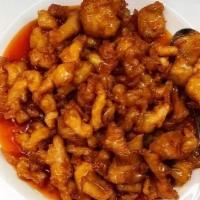 Orange Chicken · Lightly breaded chicken with orange sauce topped with oranges. slightly spicy.