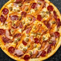On The House Specialty Pizza · Pepperoni, Canadian bacon, Italian sausage, mushrooms, black olives.