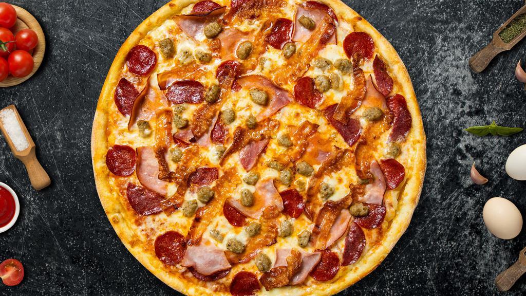 Meat Club Pizza · Generous portions of pepperoni, Canadian bacon, Italian sausage, salami.