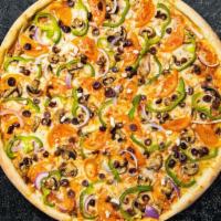 Fresh Veggie Pizza · Mushrooms, onions, green peppers, black olives, tomatoes.