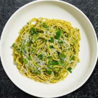 Linguine Al Pesto · Linguine pasta, chicken breast, zucchini, Kalamata olives, fresh garlic, and basil, tossed w...