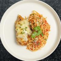 Chunky Parmesan Pasta  · Breaded chicken breast topped with melted Mozzarella and Parmesan cheese, served on top of s...