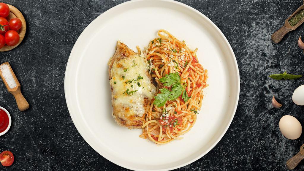 Chunky Parmesan Pasta  · Breaded chicken breast topped with melted Mozzarella and Parmesan cheese, served on top of spaghetti in our homemade marinara sauce.
