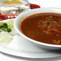 Birria Soup/Birria Caldo · Birria stew (Beef) comes with (3) hand made corn tortillas, Served with fresh onions, cilant...