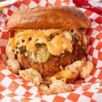 Mac Daddy Sandwich · Original fried chick'n, housemade cashew mac & cheese, pickle, chipotle mayo. Served with ma...