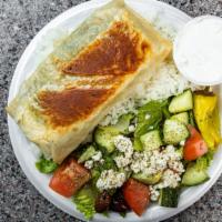 Spanakopita Spinach Pie Platter · Served with seasoned jasmine rice, Greek salad, grilled pita bread, and tzatziki sauce.