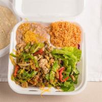 #22. Chicken Fajitas · Includes beans, rice and a small drink.