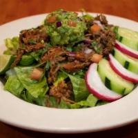 Birria Salad · Birria topped with lettuce, pico De gallo, guacamole, sliced cucumber, sliced radishes, and ...