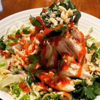 Chicken Salad · chicken breast on a bed of a cabbage with fried shallots, dressing, and tamarind sauce.