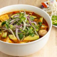 Tom Yum Pho · Choice of Protein: Shrimp,Tofu,chicken or Brisket
Rice Noodles, Avocado, Veggie and Tom Yum ...