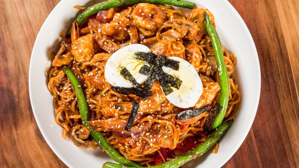 Korean Fried Noodles  · Very Spicy. Dry noodles stir fry with veggies and spicy sauce ,dry seaweed ,sesame seed , eggs and protein that you pick.