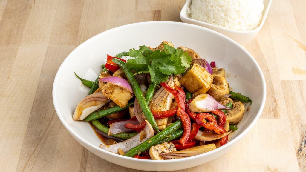 Buddha'S Delight · Served with rice, red onion, red pepper, white onion, green beans and Tofu.
