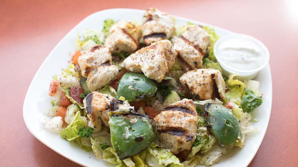 Chicken Kebob Salad · Fire grilled chicken served over romaine, tomato, cucumber, onion, parsley, house garlic vinaigrette dressing. Comes with a side of tzatziki sauce.