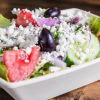 Small Classic Greek Salad · Romaine lettuce - tomatoes -cucumbers - red onions - feta - kalamata olives - pita bread - h...