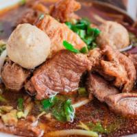 Beef Noodle Soup · Marinated beef, beef ball, bean sprout, scallion in Thai-style beef broth.