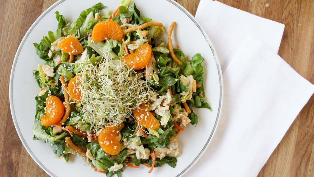 Asian Chicken Salad · Romaine, sliced chicken breast, carrots, sprouts, mandarin oranges, crispy chow mein noodles, toasted sesame seeds, Asian ginger dressing