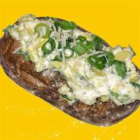 Artichoke & Spinage · Giant Potato cloud-fluffed inside, stuffed with Cheesy Artichoke Spinach spread & topped wit...