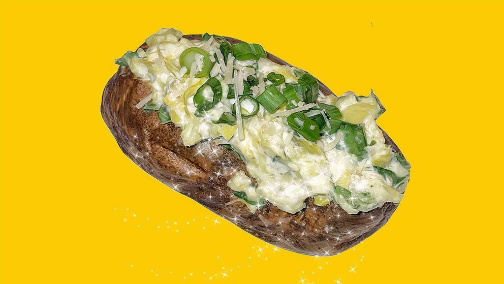Artichoke & Spinage · Giant Potato cloud-fluffed inside, stuffed with Cheesy Artichoke Spinach spread & topped with Parmesan Shreds & chopped Green Onion.