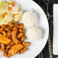 Orange Chicken · Comes with steamed rice and salad.