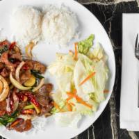 Mongolian Beef · Comes with steamed rice and salad.