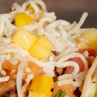 Fiesta Taco · Grilled & marinated chicken breast topped with fresh mango salsa and cheese.