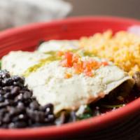 Enchiladas Vegetarianas · Gluten-free., Roasted poblano pepper, Grilled asparagus, & corn, crema blanca sauce, salsa v...