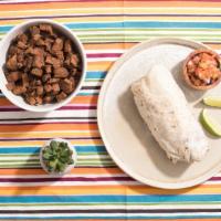 Steak Burrito · Grilled steak, brown rice, refried beans, guacamole, and pico de gallo in a flour tortilla.