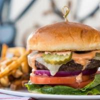 The Pub Burger · Premium beef blend, burger sauce, lettuce, tomato, onion, pickle