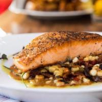 Blackened Salmon · Pan seared with a warm corn & red pepper relish