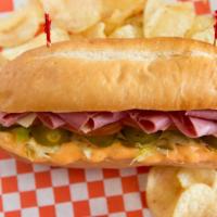 8'' Effed Up Ruben Combo · Corned beef, bacon, pepper jack, lettuce, tomatoes, jalapenos, and Thousand island on a toas...