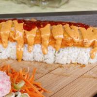 Spicy Roll · Filled with shrimp, cucumber, avocado, cream cheese and rosted chili. Outside: special crab ...