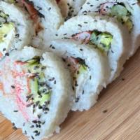 Vip Roll · Filled with shrimp, crab, cucumber, avocado, cream cheese with seeds.