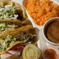 #3 Tacos Combo · Three tacos (topped with cilantro and chopped onion) with your choice of meat and a side of ...