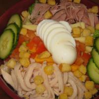 Chef'S · Romaine mix with smoked turkey, ham, swiss and cheddar cheese, boiled egg, cucumbers, tomato...