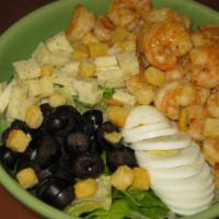 Shrimp Louie · Sautéed shrimp on a tossed romaine mix salad with olives, egg, Swiss cheese, croutons, thous...