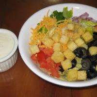 House Salad · Iceberg mix, olives, tomatoes, onions, cheese and with choice of dressing.