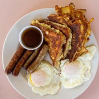 #1 · 1 pancake or 1 french toast, choice of meat, 1 egg.