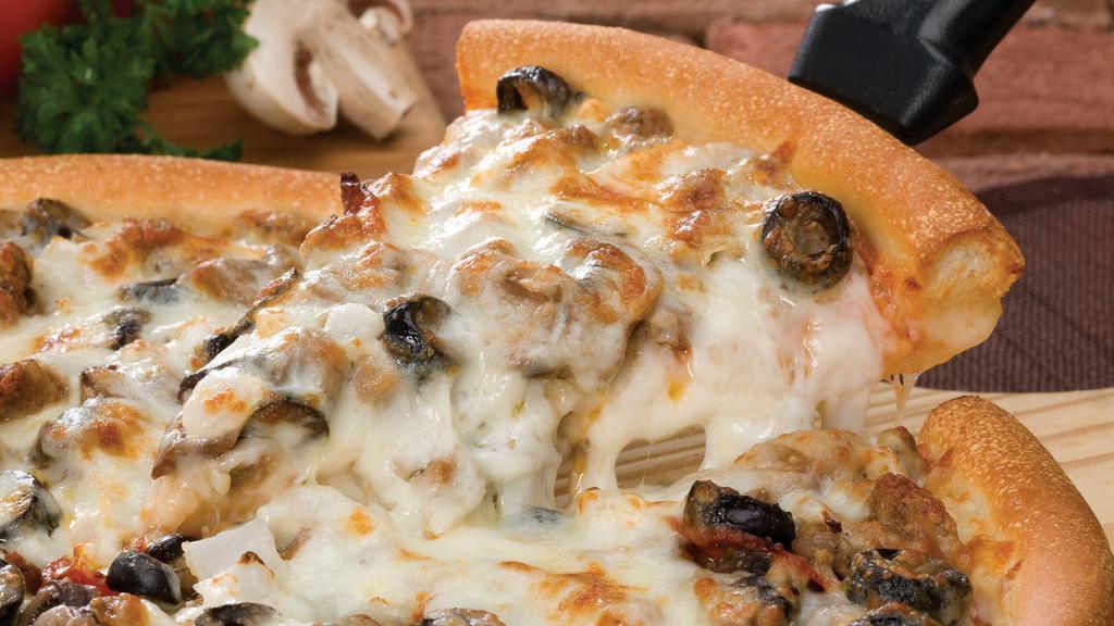 Classic Combo Jumbo Pizza · 12 slices. Original crust only. Pepperoni, beef, sausage, onions, black olives, mushrooms and mozzarella cheese.