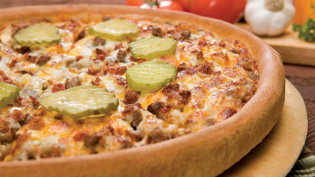 Bacon Cheeseburger Large Pizza · 10 slices. Beef, bacon bits, onions, pickles, cheddar cheese and mozzarella cheese.