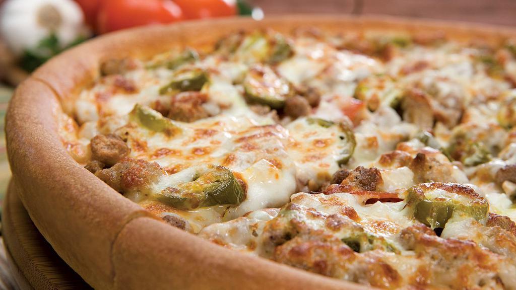 Hot Stuff Large Pizza · 10 slices. Pepperoni, beef, Italian sausage, onions, jalapenos peppers and mozzarella cheese.
