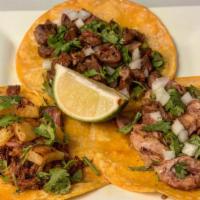 Tacos · 3 count. Your choice of meat. PLEASE SELECT 3 MEATS.
Your choice of salsa, onion, and cilant...