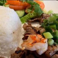 Steam Rice With Bbq Pork & Shrimp  · Steam rice , char-grilled skewers of shrimp &pork , vegetables.
