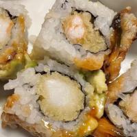 Black Dragon Roll · Shrimp tempura in eel avocado out.