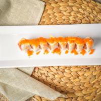 Orange Crush · Spicy tuna inside, salmon & sliced lemon on tip with masago.