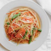 Papaya Salad*  · Spicy. Shredded papaya, tomatoes, carrots, string beans, and shrimp (or tofu) tossed in a sp...
