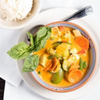 Red Curry (Kang-Dang) · Red curry with coconut milk, red curry paste, basil, bamboo shoots, green beans, zucchini, b...