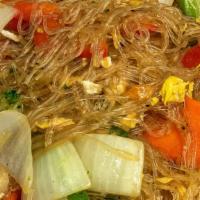 Crystal Noodles (Pad Woon Sen) · Bean thread noodles stir fried with onions, eggs, broccoli, carrots and cabbage.