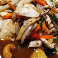 Cashew · Sauteed in garlic sauce with baby corn, broccoli, carrots, zucchini, mushrooms, onions and p...