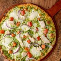 Pesto Chicken Pizza (840 Cal) · pesto sauce, mozzarella, fresh mozzarella, grilled chicken, tomato, red onion