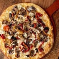 Steak & Blue Pizza (800 Cal) · garlic & oil, mozzarella, thin sliced steak, roasted mushroom, peppers, onion, gorgonzola